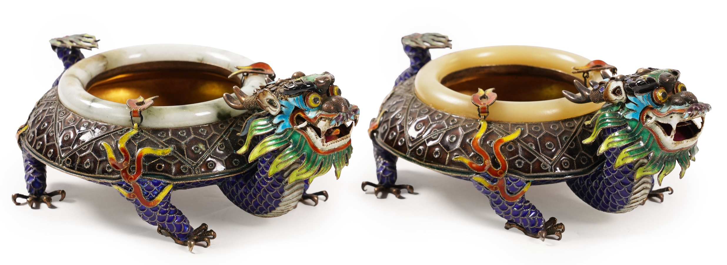 A pair of Chinese silver-gilt and enamel ’dragon’ bowls, 20th century